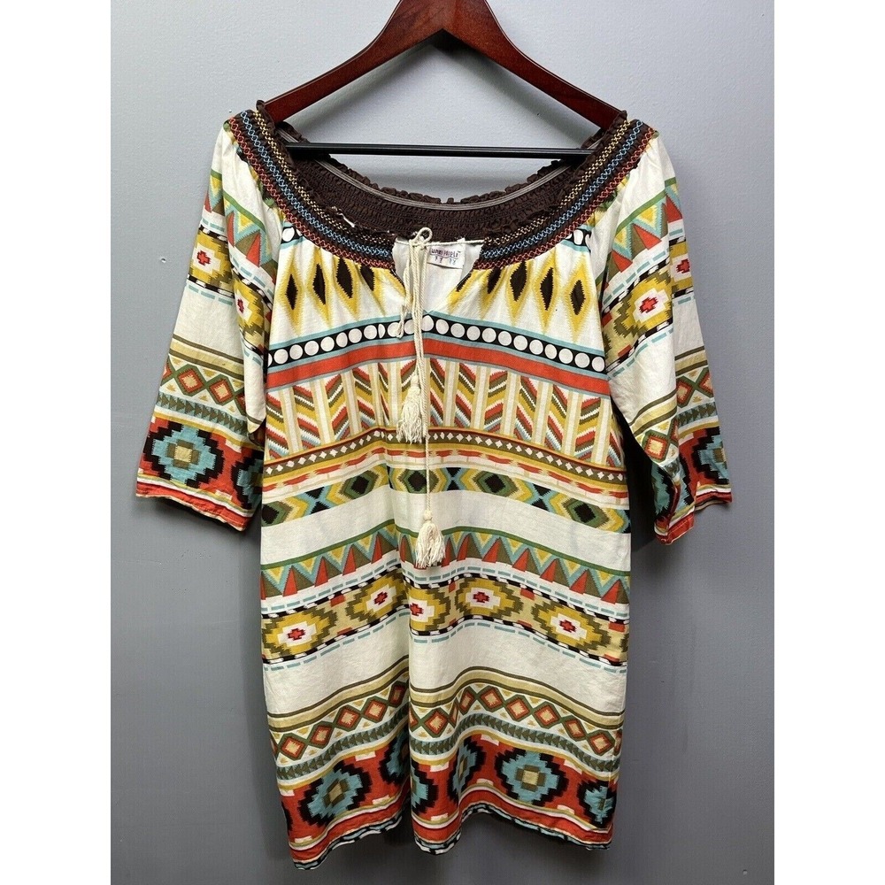 Funky People Tunic Dress Womens Multicolor Geometric Tribal Boho Tassel Smocked